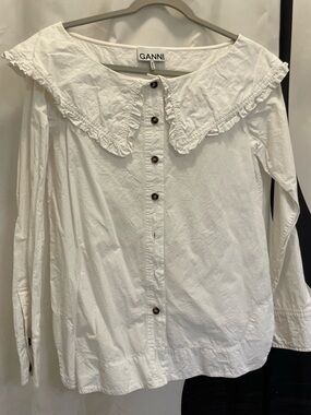 Ganni White Ruffle Collar Button-Down Blouse